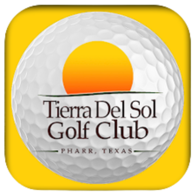 Mock up of the TDS application landing page featuring a blue sky and golf range with the Tierra del Sol logo overlayed, displayed on an iPhone. The yellow app icon with a white golf ball and the Tierra del Sol logo is displayed on the top left of the mock-up